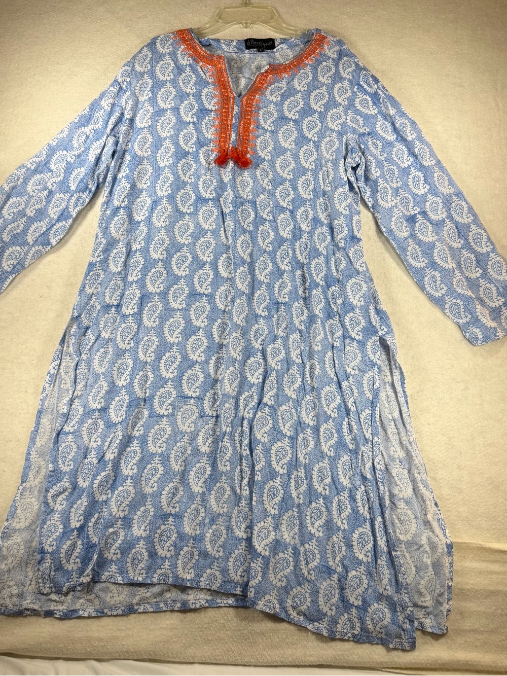B Boutique By Evergreen Women's L Tunic Dress Blue White Paisley Embroidered
